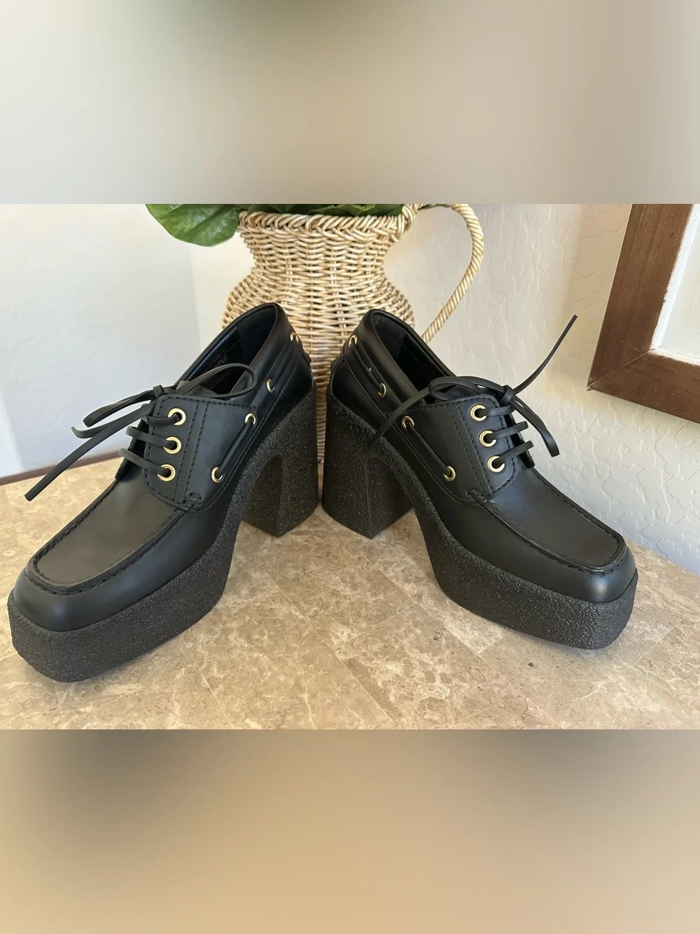Stella McCartney Black Platform Lace-Up Shoes with Gold Eyelets Size EU 38/ US 8